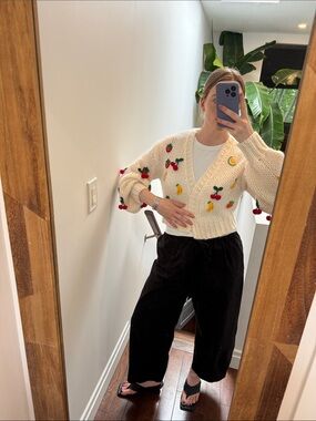 John + Jenn Cream Cropped Cardigan with Fruit Embroidery